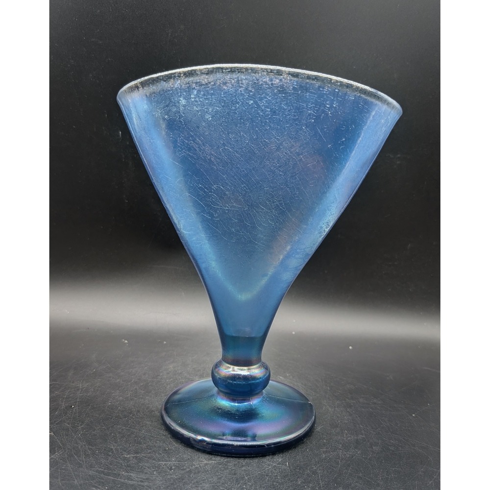 Fenton Celeste Blue Stretch Glass Fan Vase Iridescent Pedestal Art Glass 8.5"